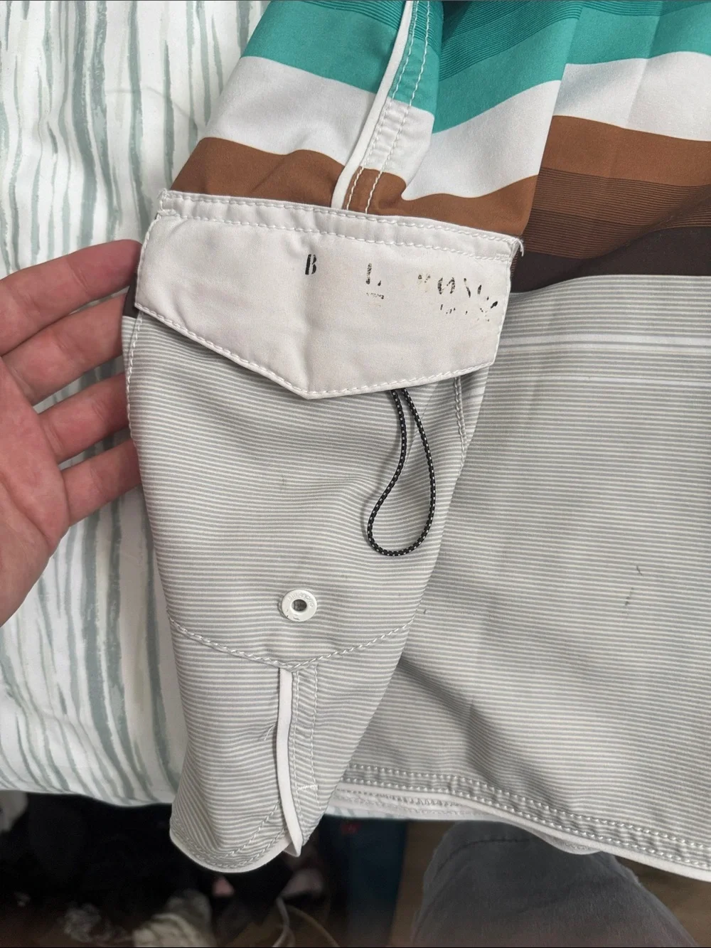 Billabong Men's Light Gray Board Shorts with Teal & Brown Stripes